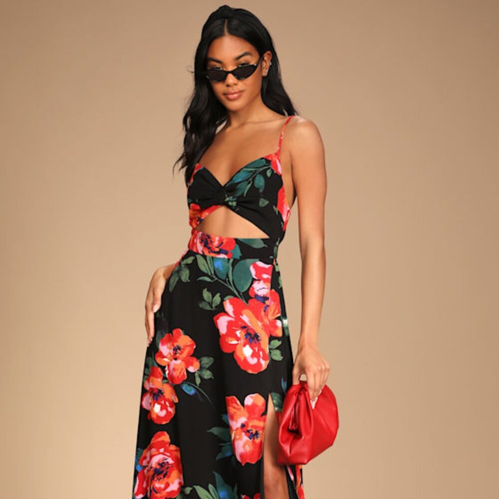 Lulus Tropical Blooms Black Floral Print Tie back Cutout Maxi Dress Size L - NWT